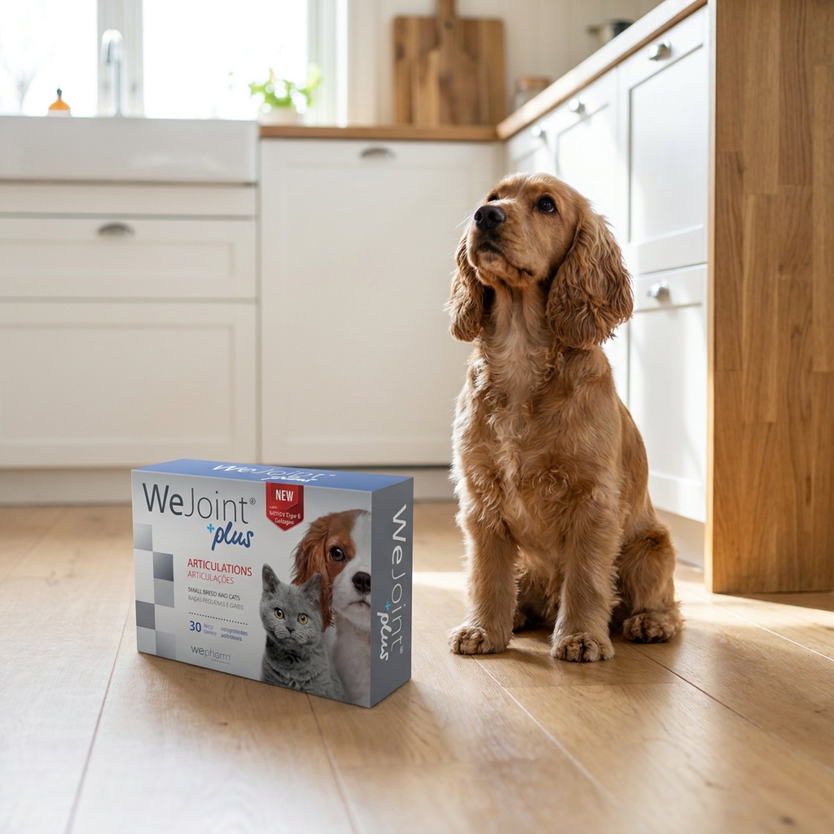 Liten spaniel som sitter bredvid en blå-grå ask med WeJoint Plus tabletter i ett ljust skandinaviskt kök