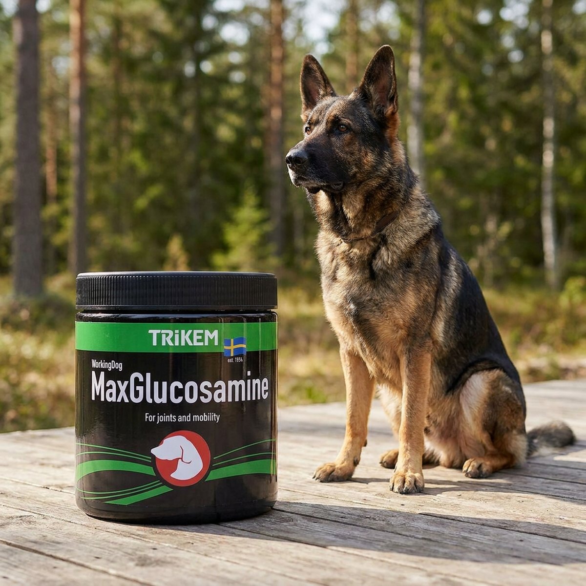 Aktiv schäfer som sitter bredvid en mörk burk Trikem WorkingDog MaxGlukosamin på en utomhusterrass i skogen