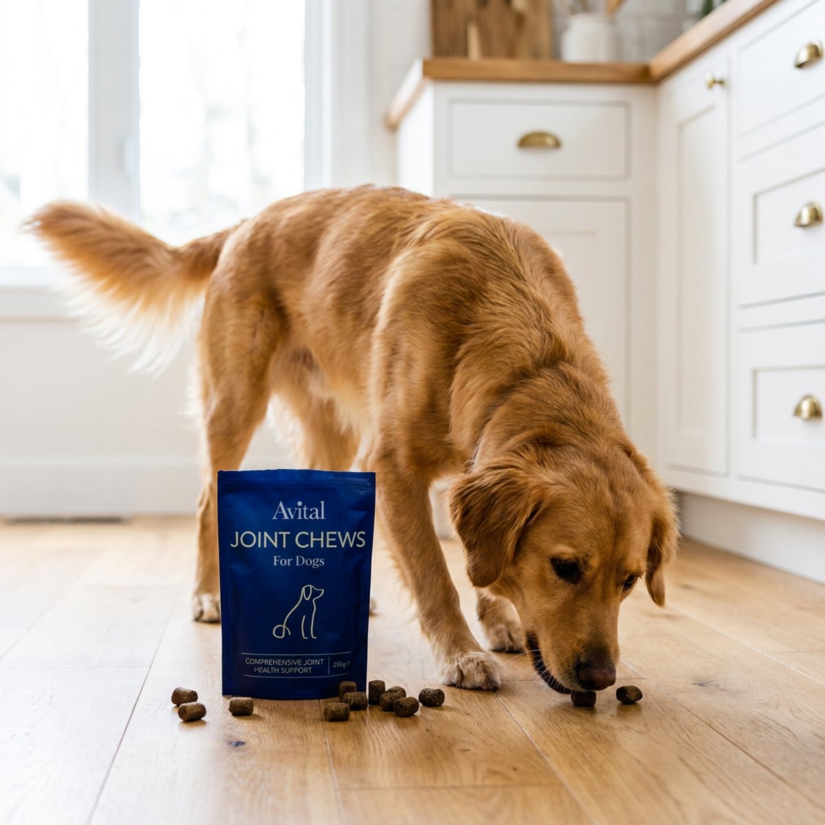 Golden retriever som plockar upp en tuggbit ur Avital Joint Chews-påsen på ett ljust skandinaviskt köksgolv