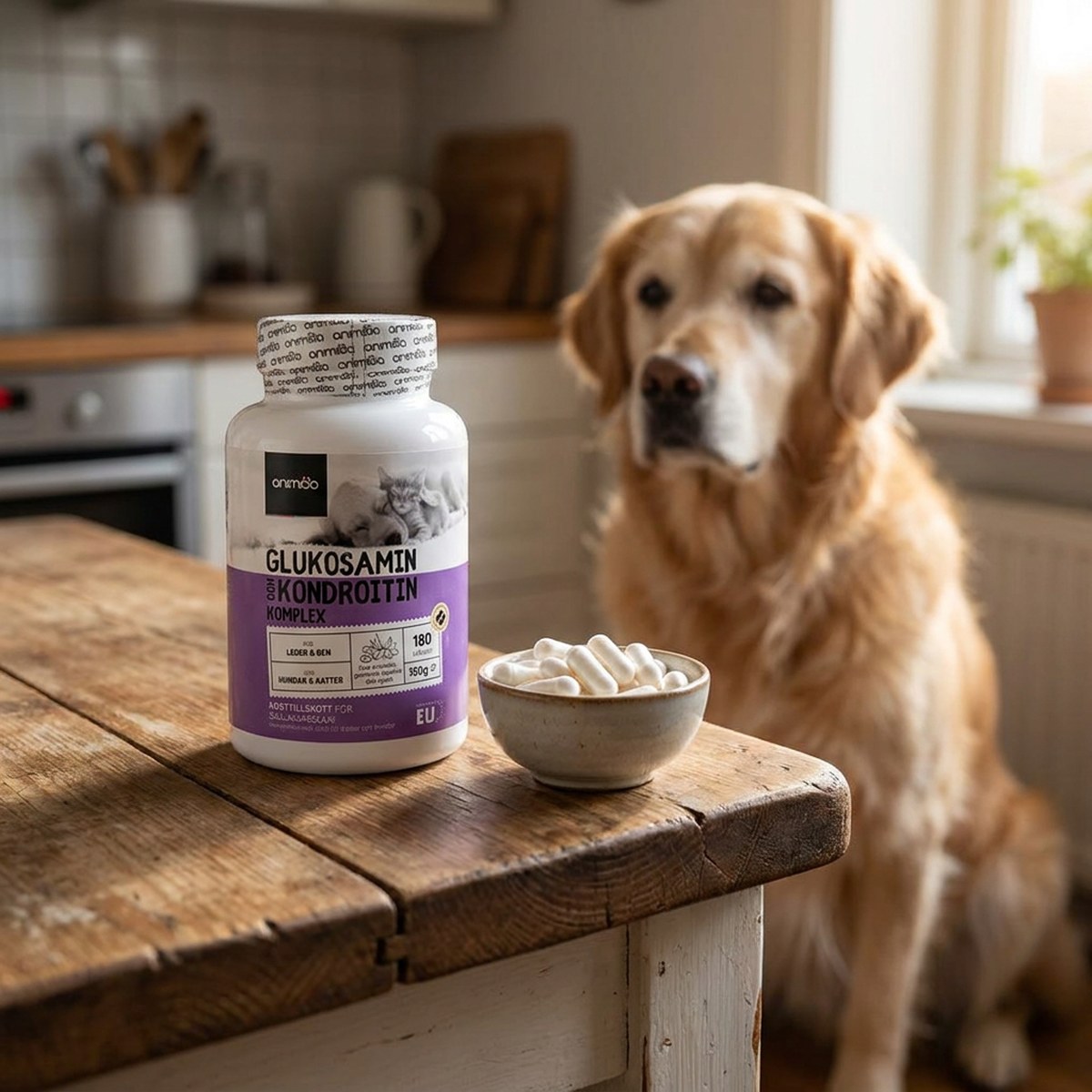 Burk Animigo Glukosamin & Kondroitin på köksbord med skål kapslar och en senior golden retriever i bakgrunden