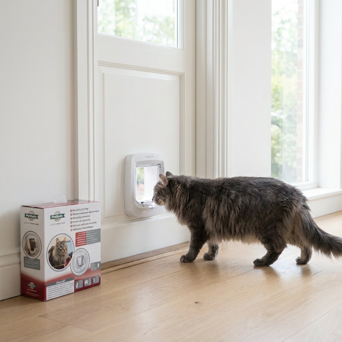 Stor fluffig mörk katt som går mot PetSafe Microchip-kattlucka i en vit dörr i ett ljust skandinaviskt hem, produktförpackningen syns i bakgrunden