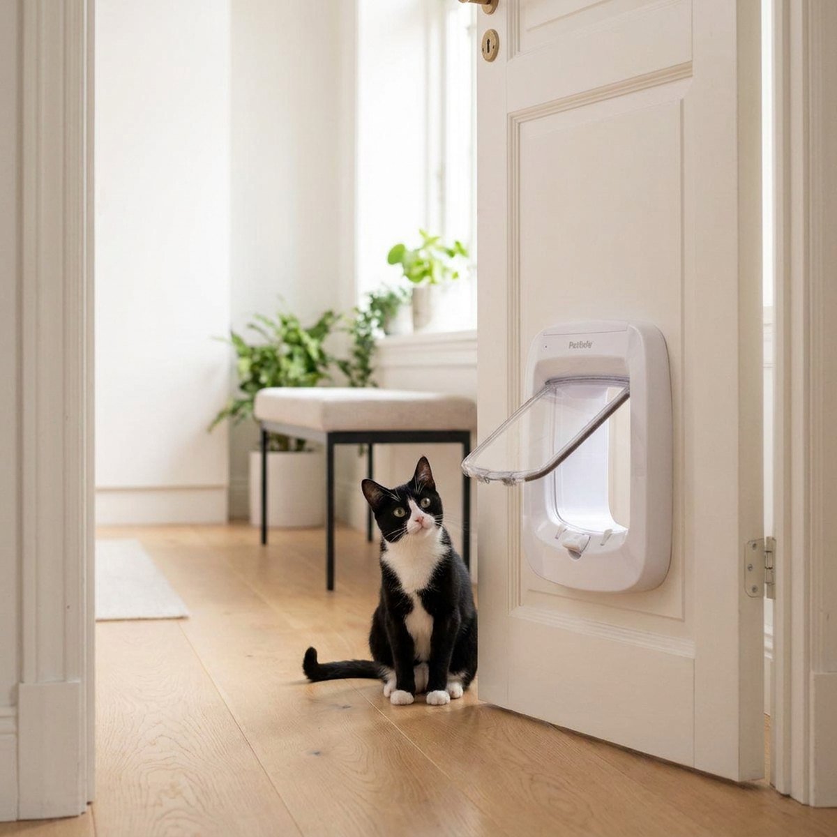 Svartvit katt sitter inomhus framför PetSafe Microchip-kattlucka monterad i en vit dörr i en ljus skandinavisk lägenhet