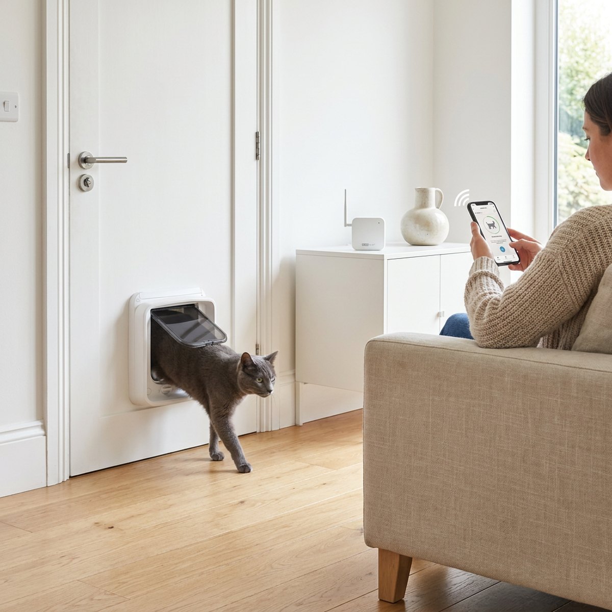 Grå katt kliver in genom SureFlap Connect-kattlucka medan en person sitter i soffan och kontrollerar kattens aktivitet i mobilappen