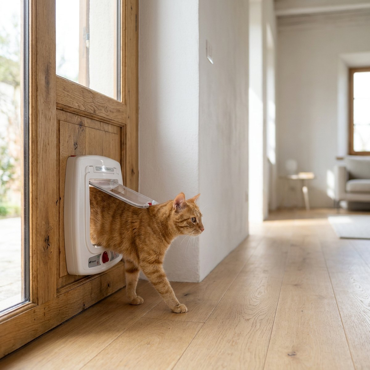 Orange tabby katt som passerar genom Ferplast Swing Microchip-kattlucka i en tjock trädörr in i ett ljust skandinaviskt hem