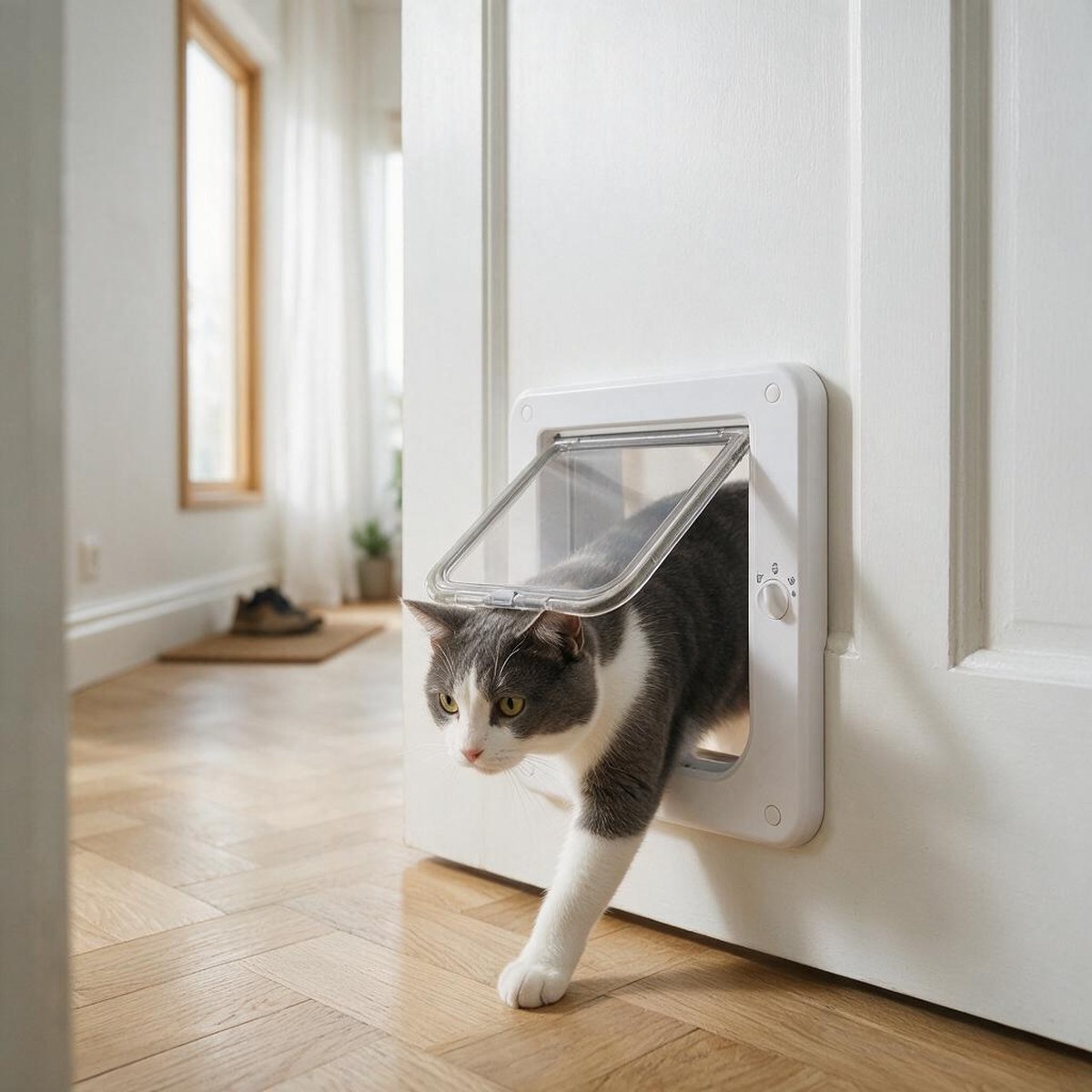 Vit Cat Mate mikrochip-kattlucka monterad i en vit innerdörr, med en grå-vit katt på väg in i hallen