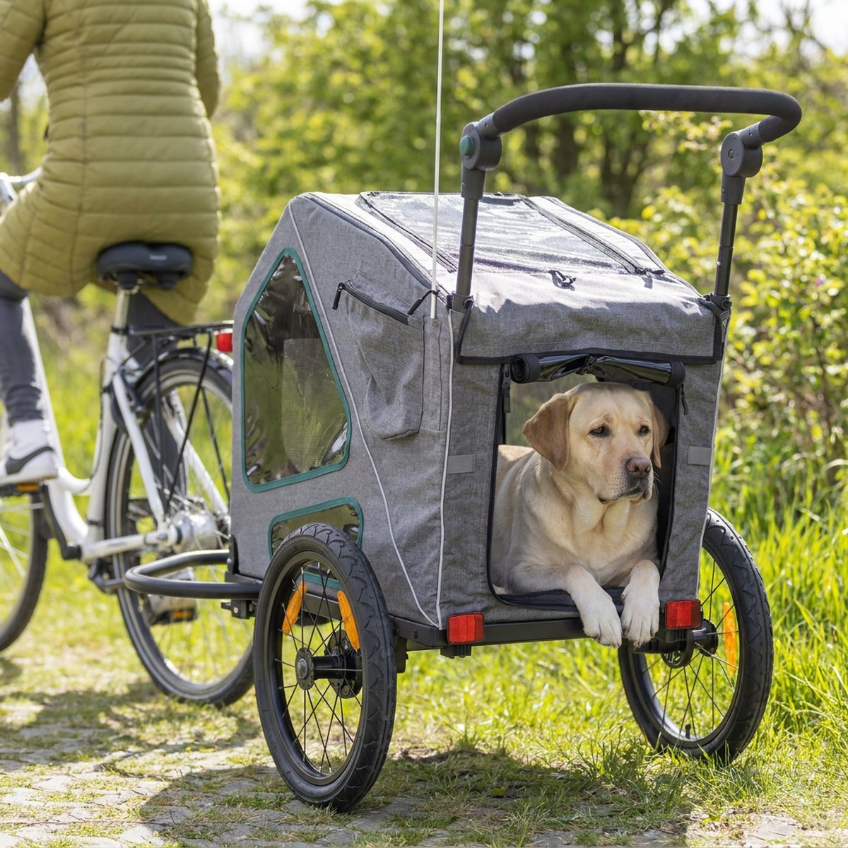 Grå Trixie Premium cykelvagn med en labrador som vilar inne i den rymliga kabinen, kopplad till en cykel på en ljus Skandinavisk stig