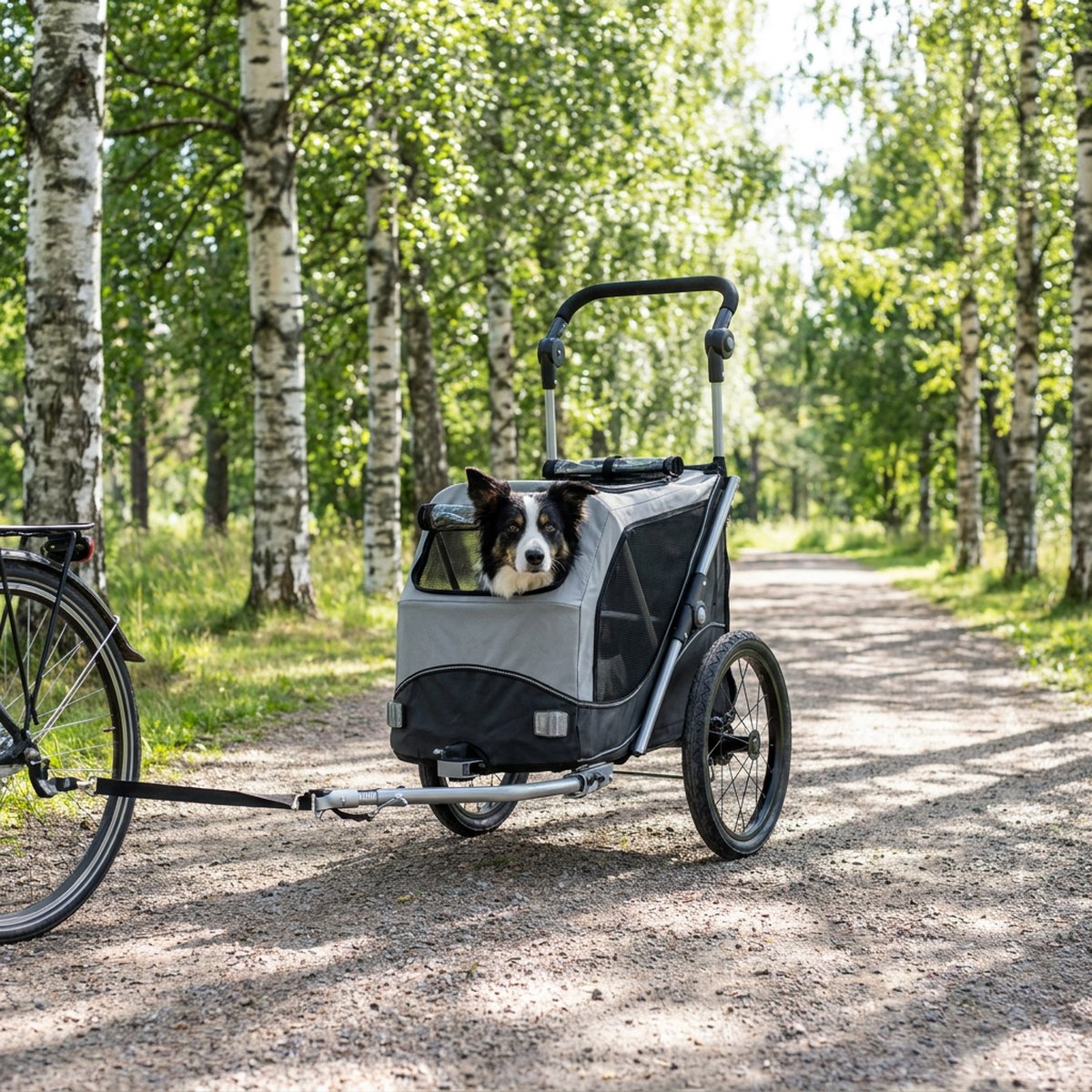 Grå Trixie Quick-Fold cykelvagn med en border collie som tittar ut, kopplad till en cykel på en solig park-stig med björkträd