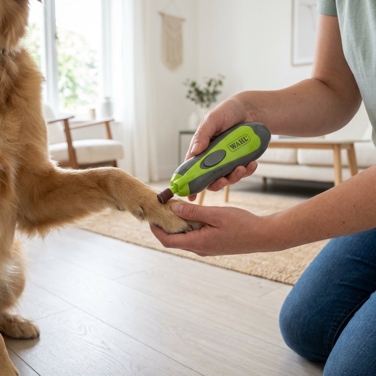 Person använder limegrön och grå Wahl elektrisk kloslip på en hunds tass på trägolv i ljust vardagsrum