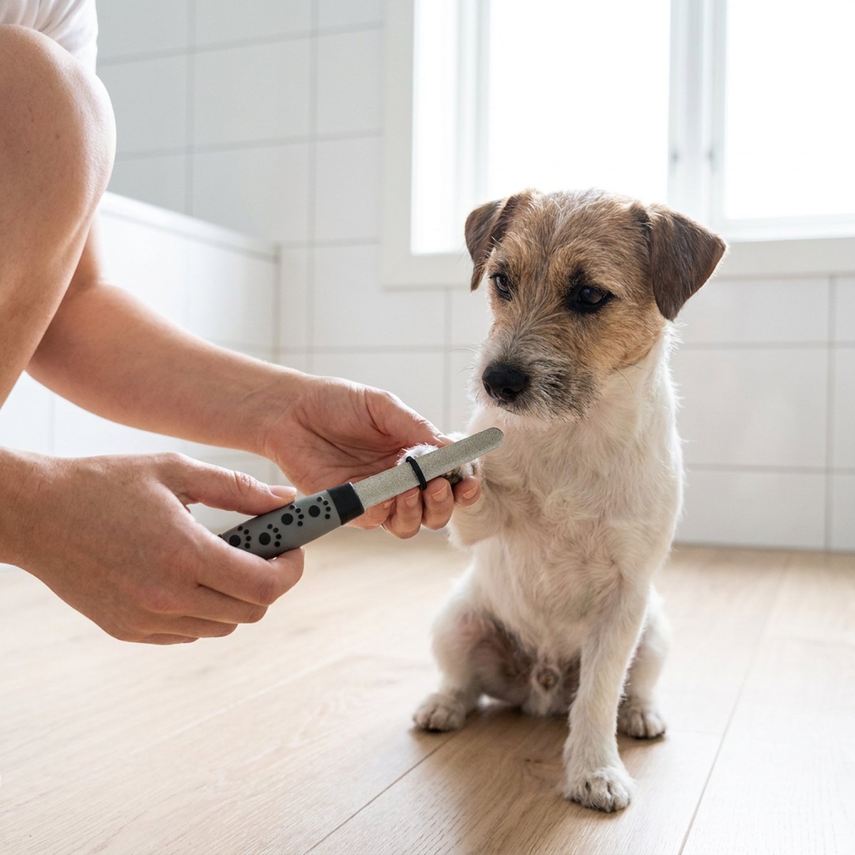 Person filar en liten hunds klo med Ozami Diamond klofil med grått handtag i ett ljust skandinaviskt badrum
