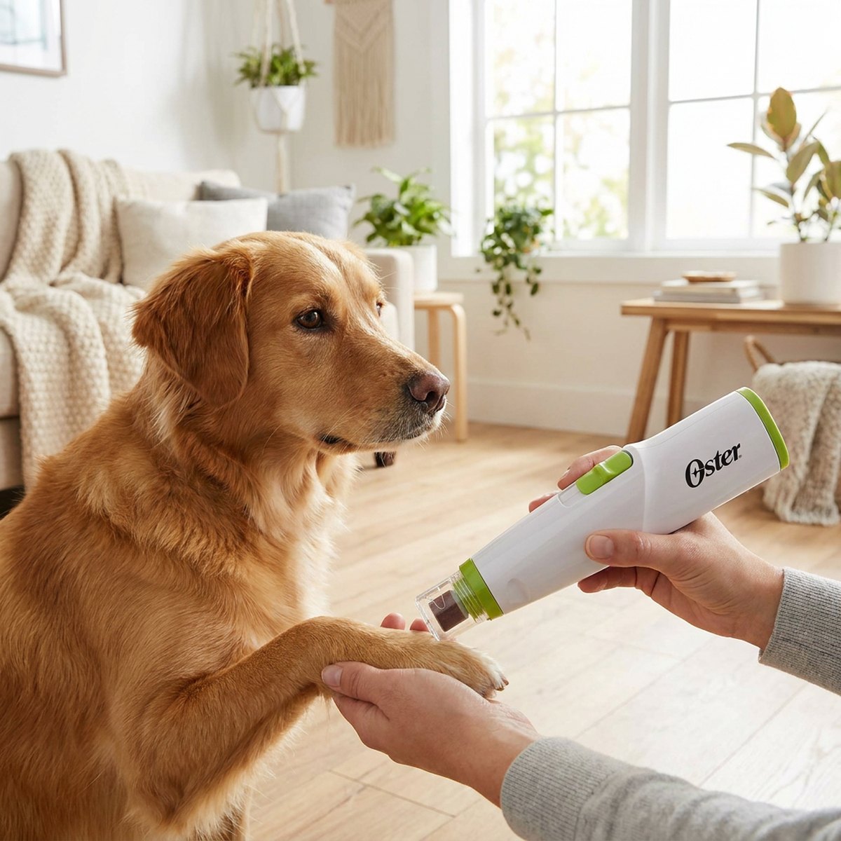 Person håller vit och grön Oster Cordless Nail Filer mot en golden retrievers tass i ljust skandinaviskt vardagsrum