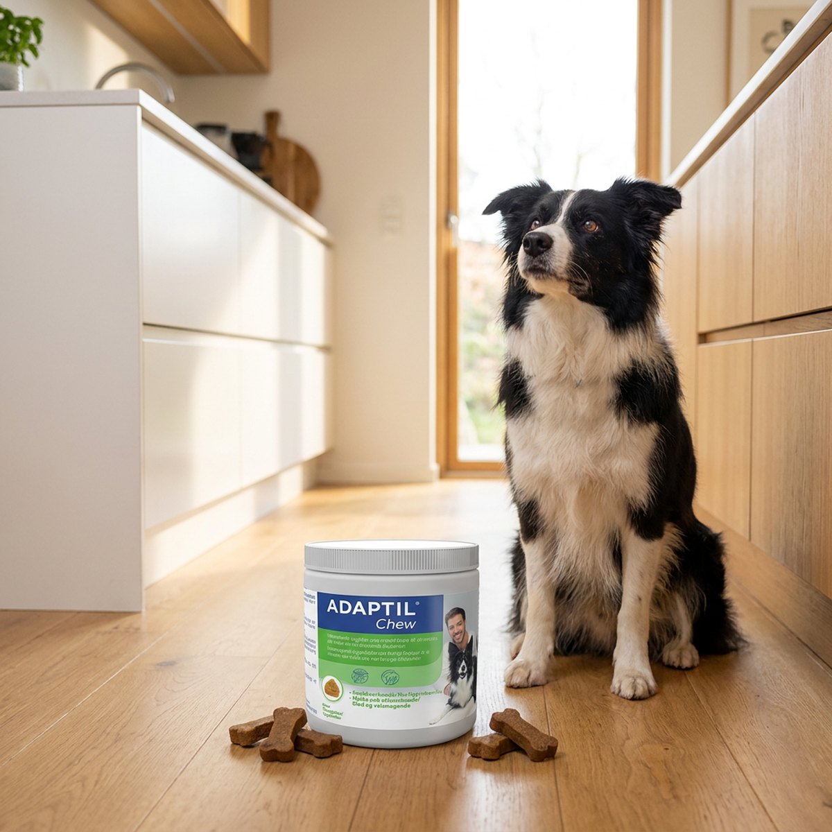 Border collie som sitter bredvid en burk Adaptil Chew tuggbitar på ett skandinaviskt köksgolv