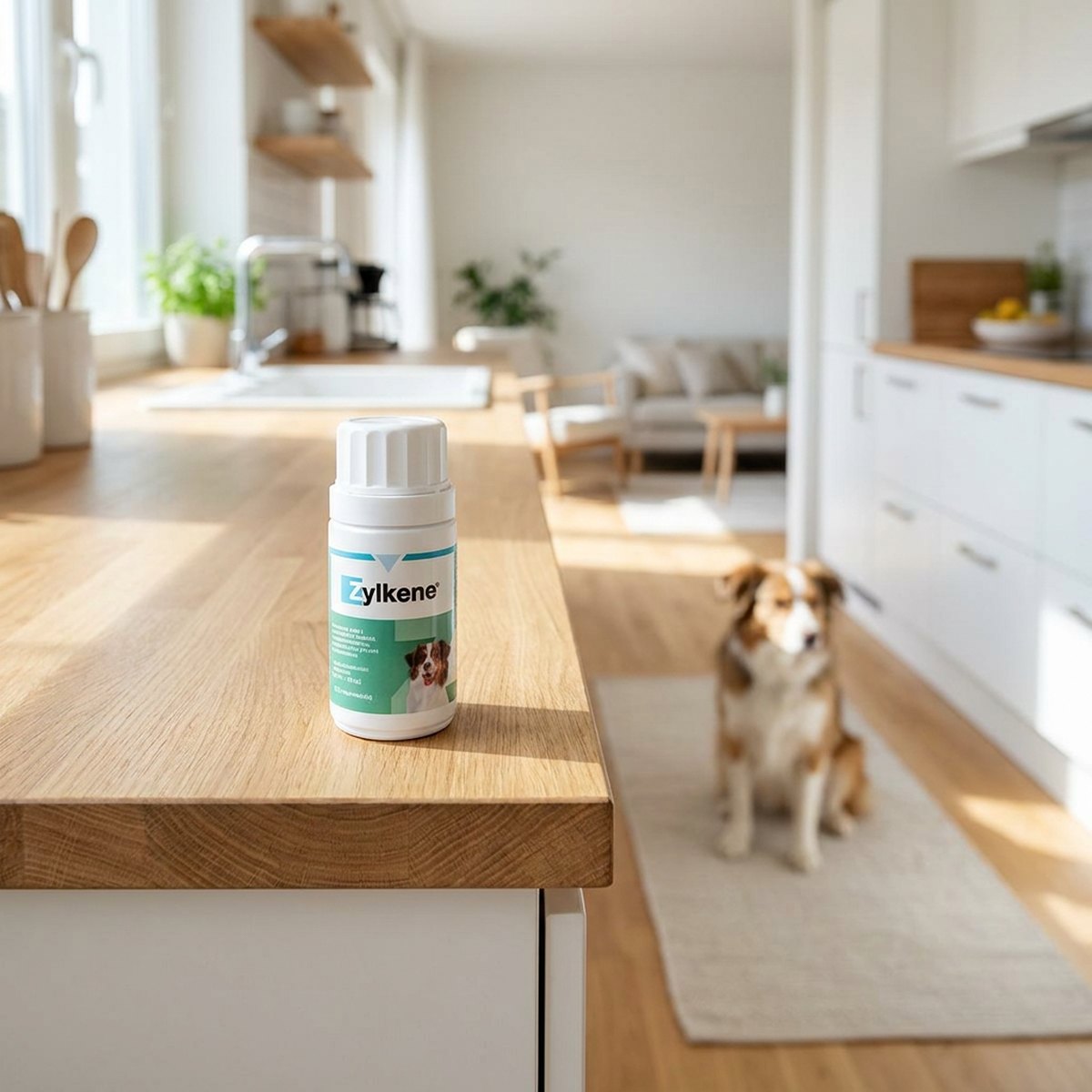 Vit Zylkene-flaska med grönt märke på ett träbord i ett ljust skandinaviskt kök med hund i bakgrunden