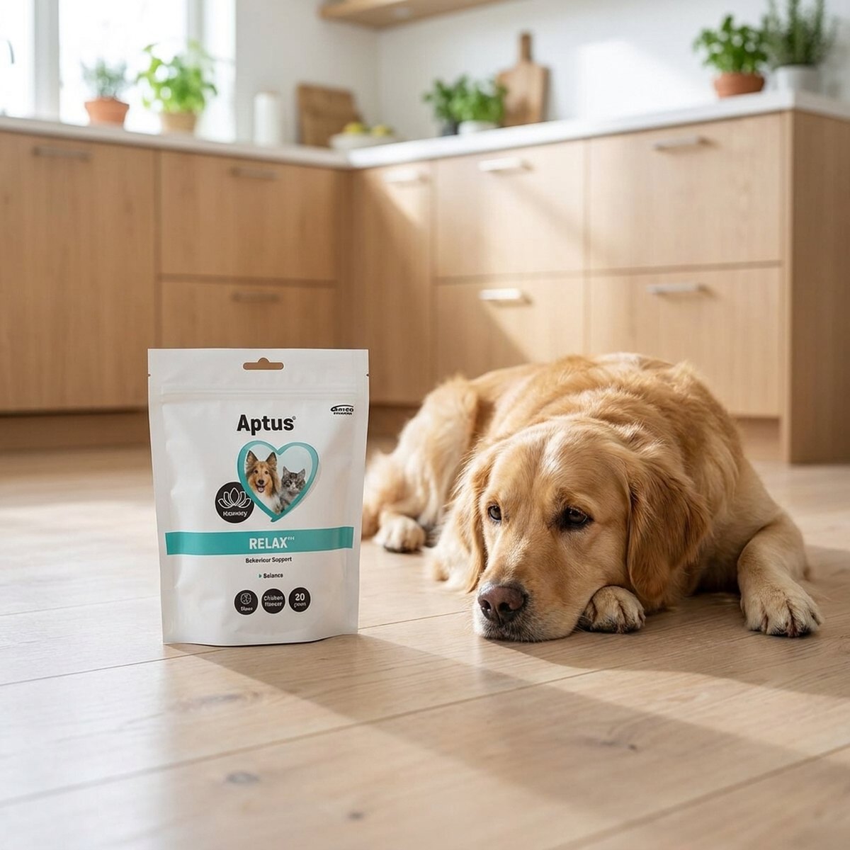 Vit påse med Aptus Relax-tabletter bredvid en avslappnad golden retriever på ett skandinaviskt köksgolv