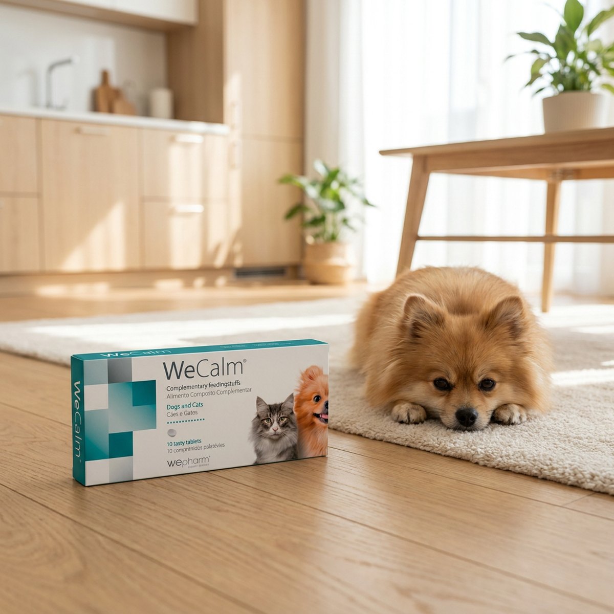Teal-vit WeCalm-tablettkartong på ett trägolv bredvid en liten hund i ett ljust skandinaviskt vardagsrum