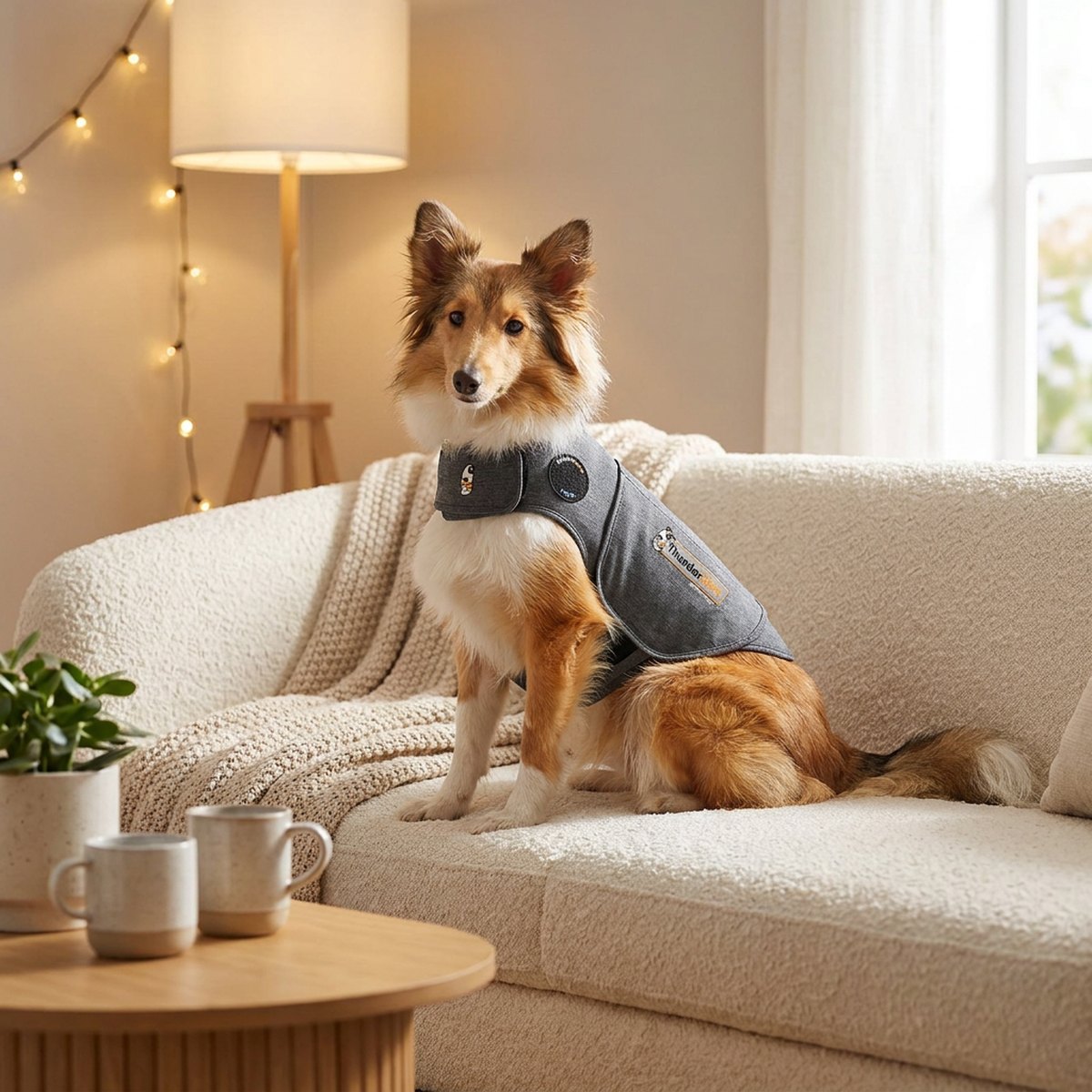 Collie-hund iklädd grå Thundershirt tryckväst som sitter lugnt i en mysig skandinavisk soffa