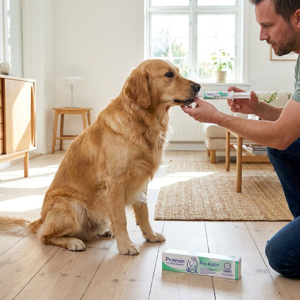 Person knäböjer bredvid sin golden retriever på trägolv och ger pasta från en Protexin Pro-Kolin+-spruta med vit och grön förpackning.