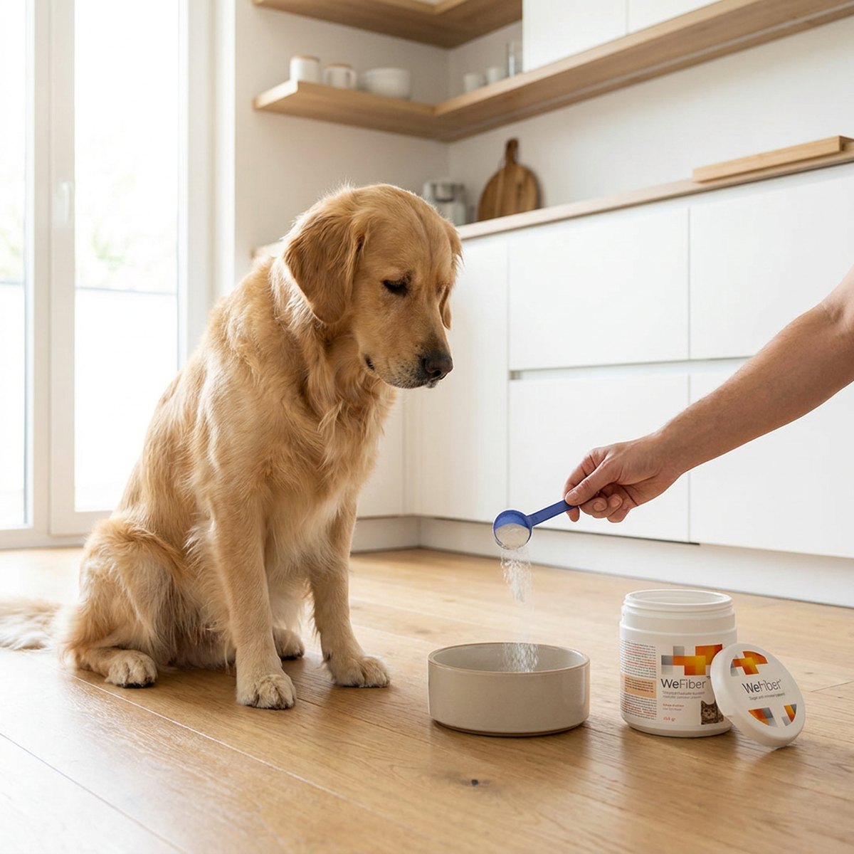 Golden retriever sitter vid sin skål på ett skandinaviskt trägolv medan ägaren mäter upp pulver med blå sked från en vit WeFiber-burk med orange mönster.