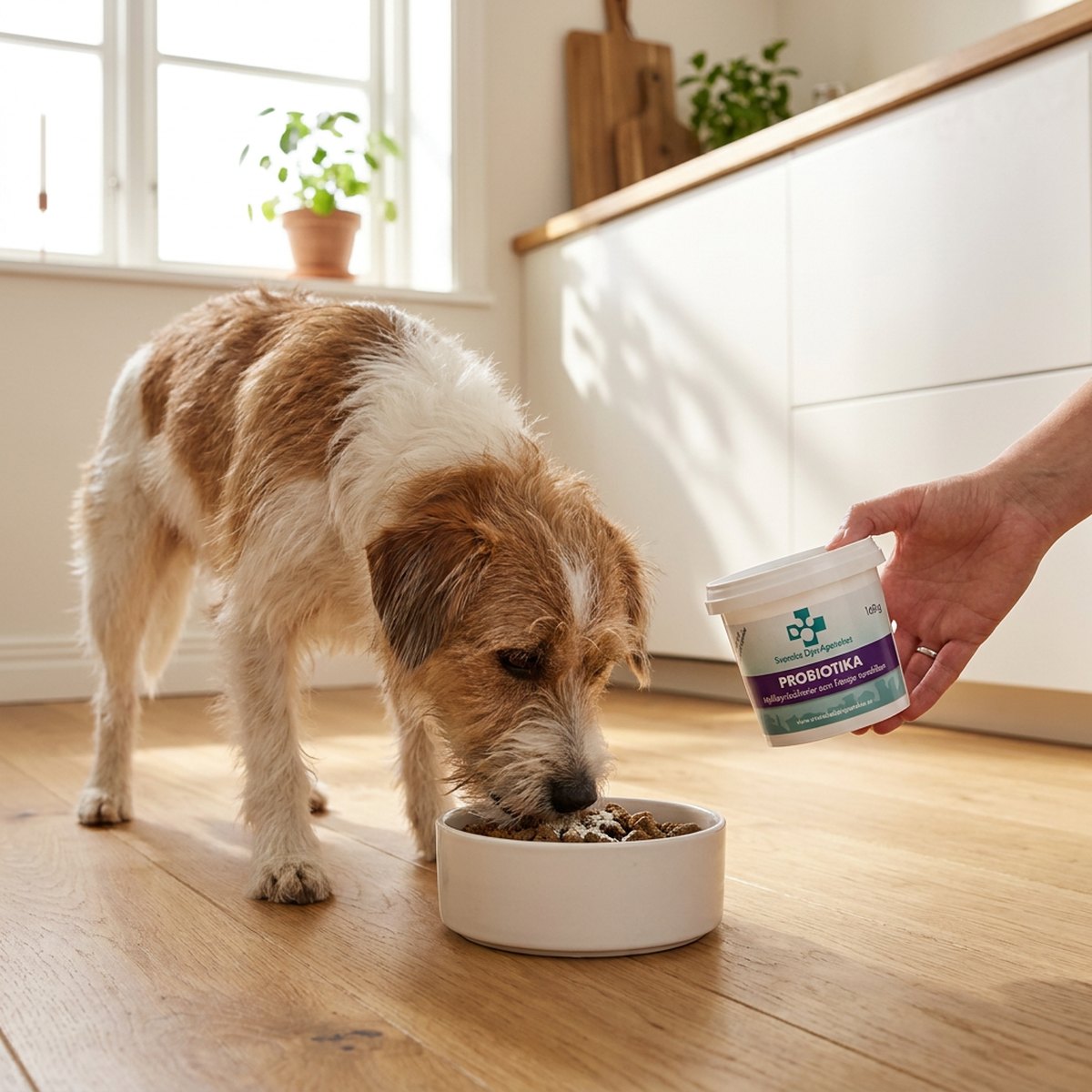 Hund äter ur en skål på ett ljust trägolv medan ägaren håller en vit burk med teal-kors och lila Probiotika-band från Svenska DjurApoteket.
