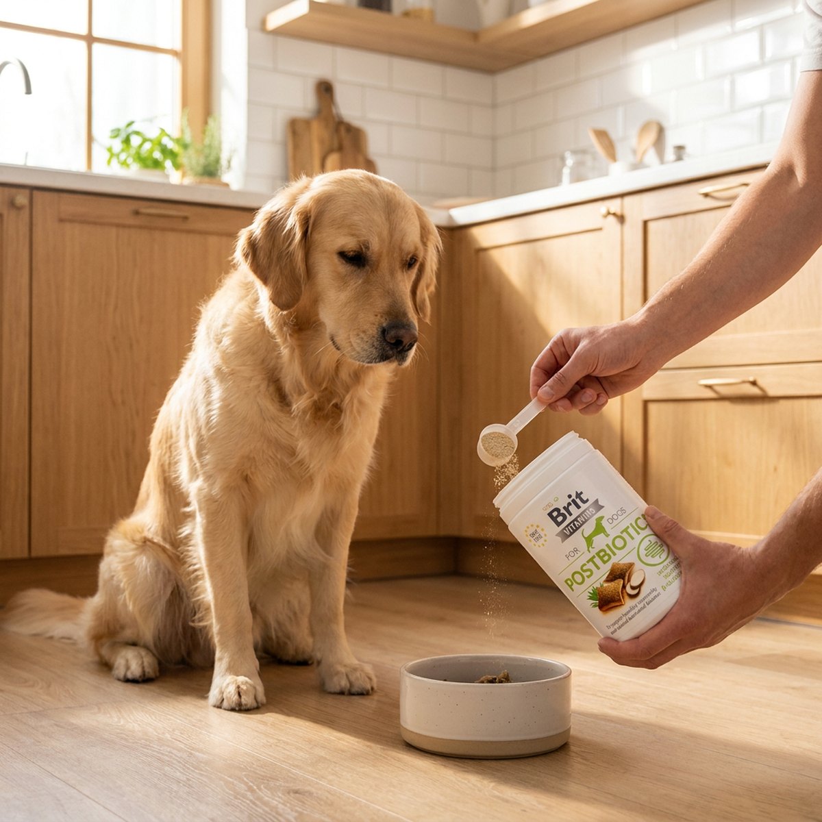 Ägare doserar pulver från en vit burk med grön Brit Vitamins-etikett i en hundskål på ett skandinaviskt köksgolv med golden retriever bredvid.