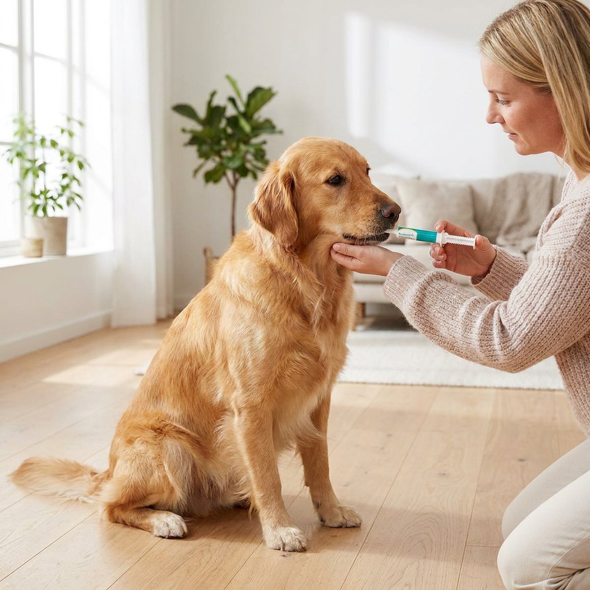 Ägare ger sin golden retriever pasta direkt i munnen från en Canikur Pro-spruta i ett ljust nordiskt vardagsrum.