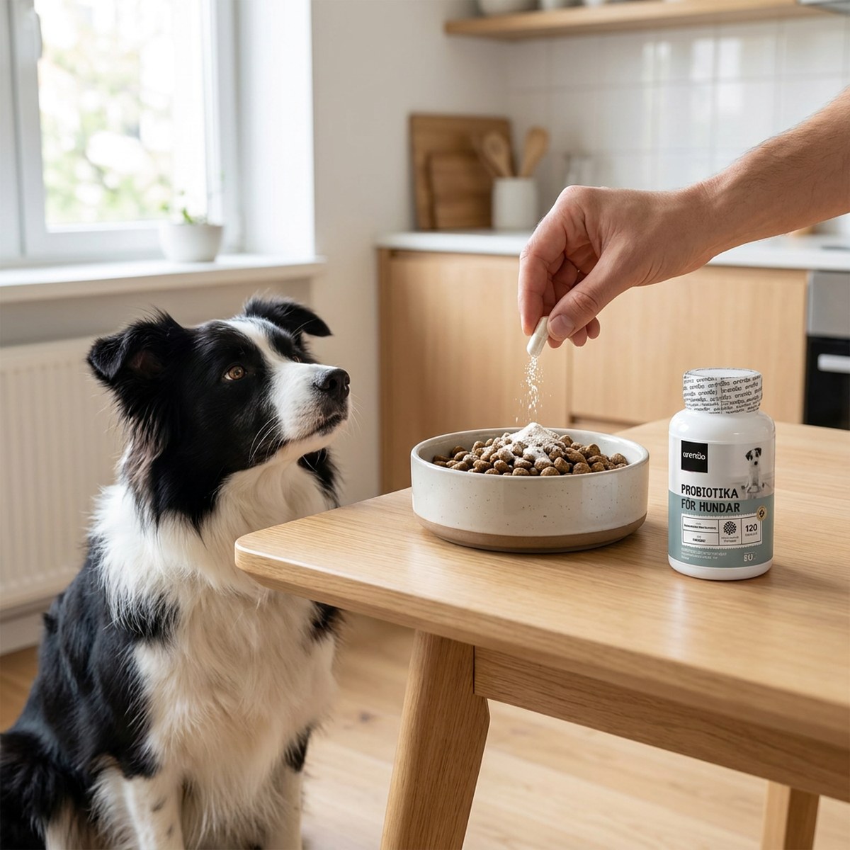 Kapsel Animigo Probiotika strös över matskålen medan en border collie väntar vid köksbordet