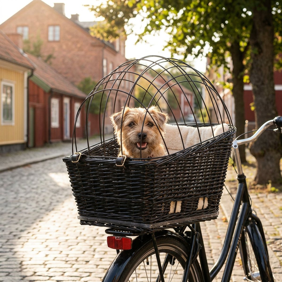 Liten hund tittar ut ur en mörk pilflätad cykelkorg med välvt metallgaller, monterad på bakre pakethållaren av en klassisk cykel på kullerstensbelagd gata