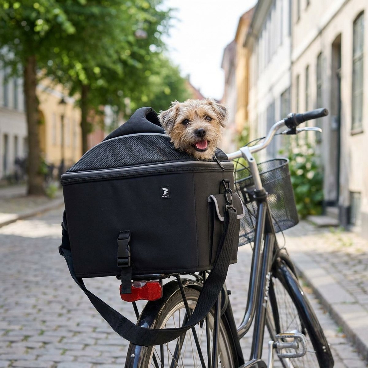 Liten hund sticker upp huvudet ur en svart mjuk cykelväska med meshöppning monterad på bakre pakethållaren av en stadscykel