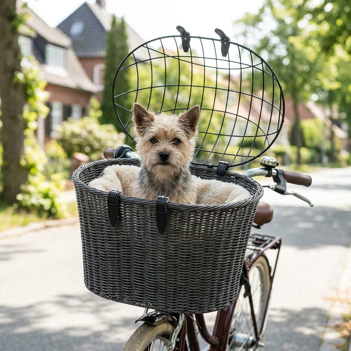 Liten hund sitter i en mörkgrå pilkorg med välvt metallgaller på locket, monterad på styret av en cykel i ett grönt bostadsområde
