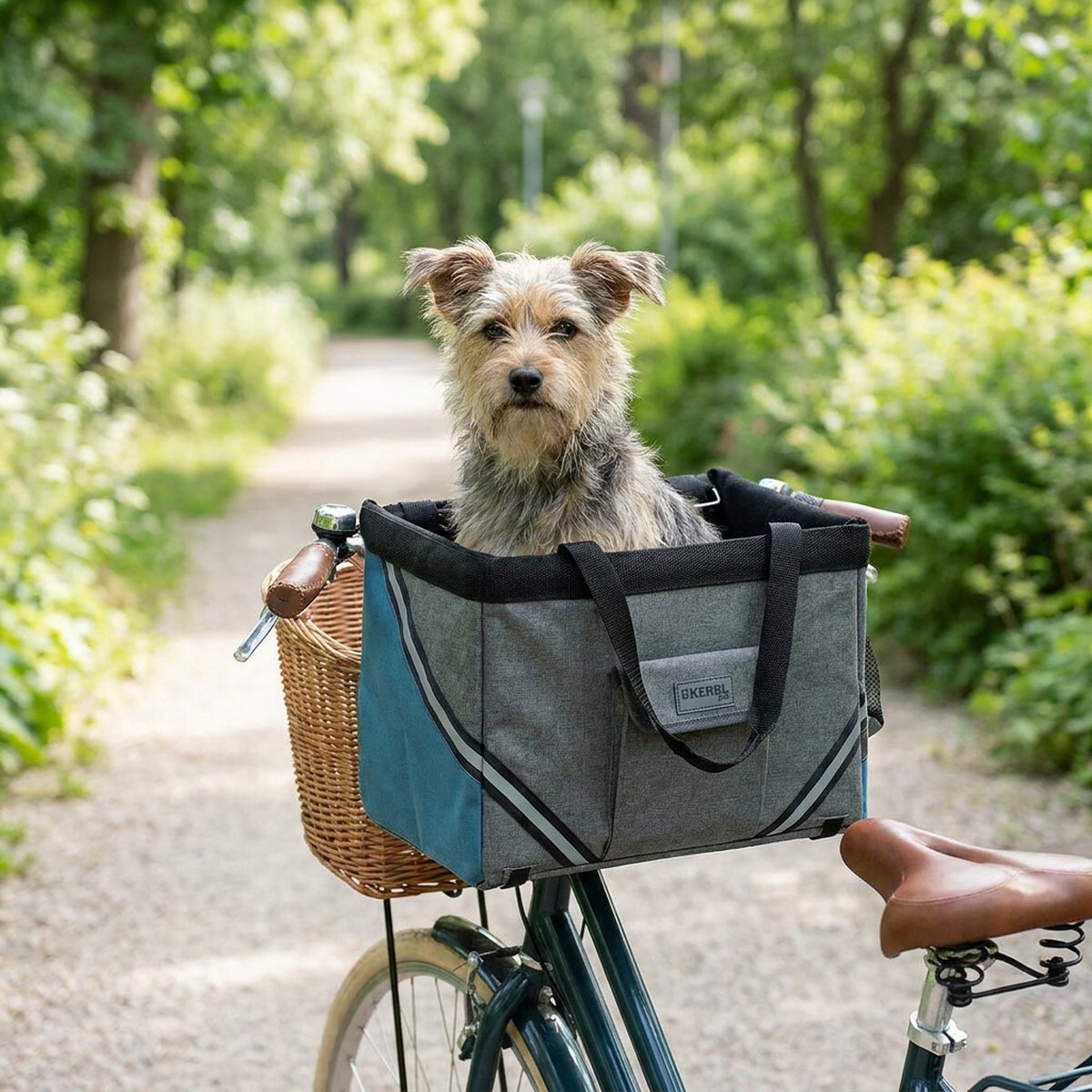 Liten hund sitter i en grå och teal öppen cykelväska från Kerbl monterad på en cykel i en parkväg med gröna träd