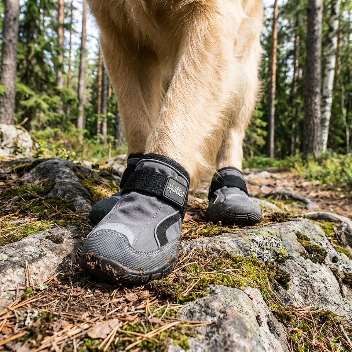 Hundtassar i svarta och orange Hurtta Outback Boots på stenig skogsstig