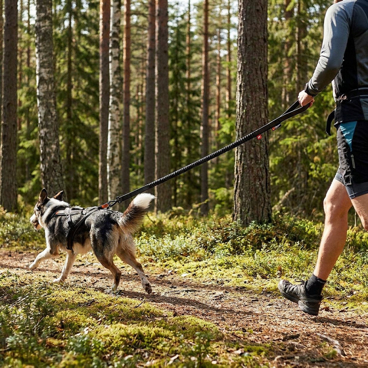 Person joggar med hund kopplad med Non-stop Touring Bungee-koppel på skogsstig