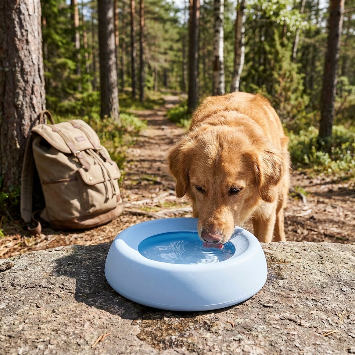 Hund dricker ur ljusblå hopfällbar silikonskål på sten i skogen