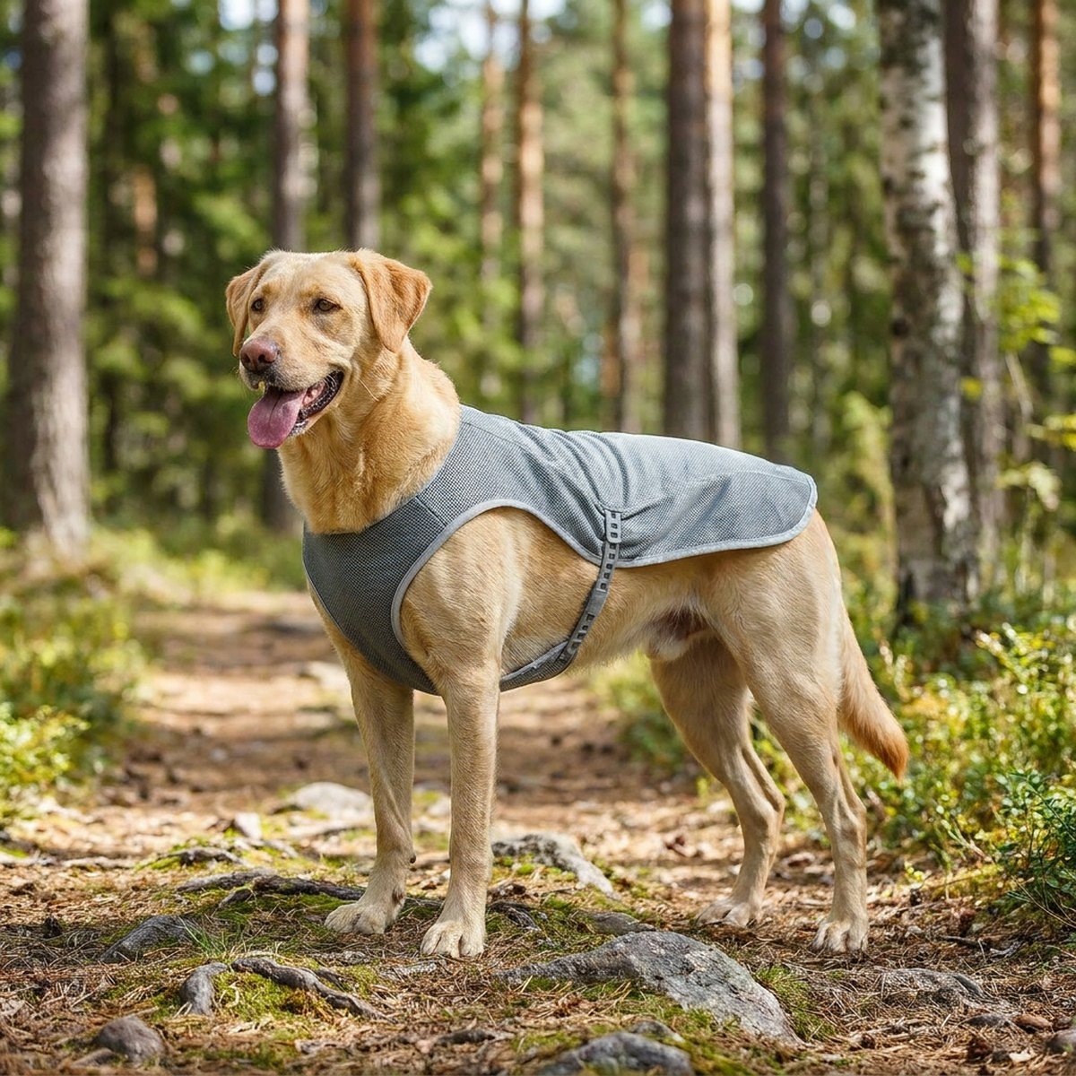 Labrador med grå Rukka kylväst på skogsstig i sommarljus
