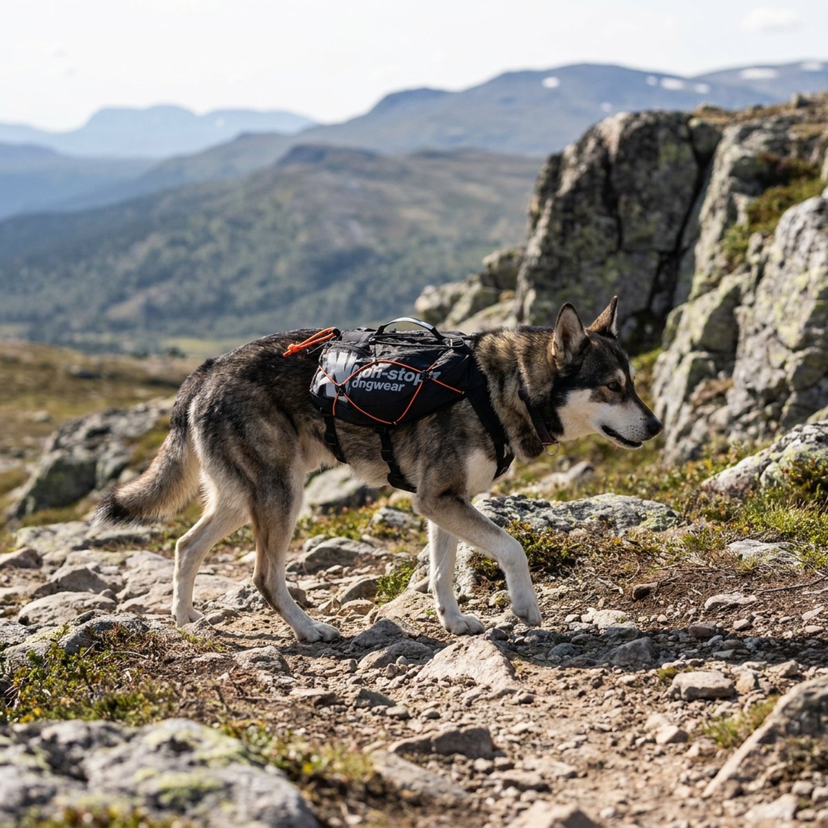 Hund med svart Non-stop Trail Light klövjeväska vandrar på fjällstig