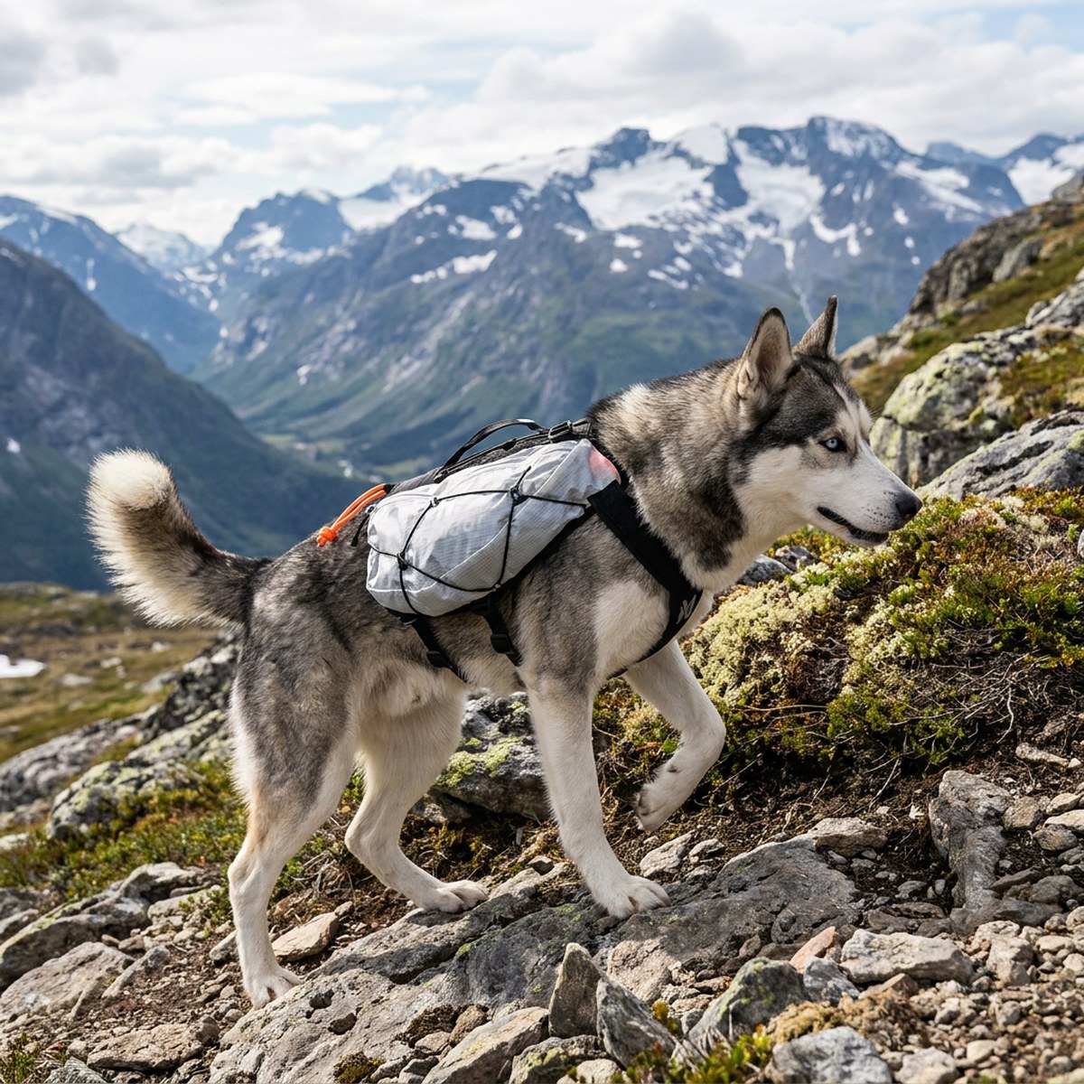 Husky med silvergrå Non-stop Trail Light klövjeväska vandrar på en fjällstig