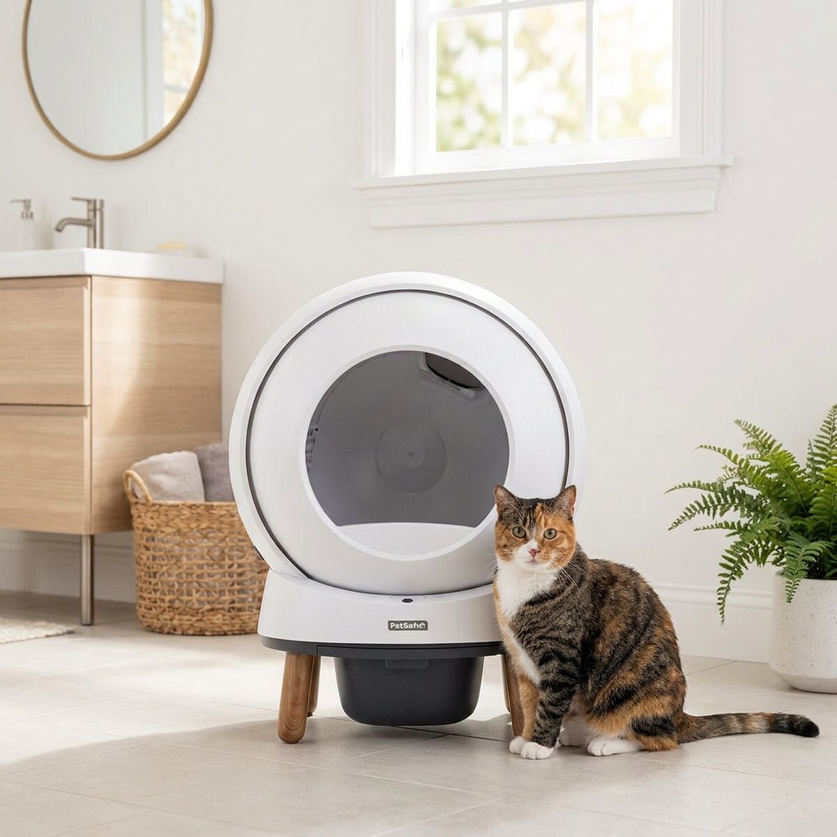 Vit rund automatisk kattlåda PetSafe SmartSpin med cirkelöppning och träben i ett ljust skandinaviskt badrum med en calico-katt bredvid