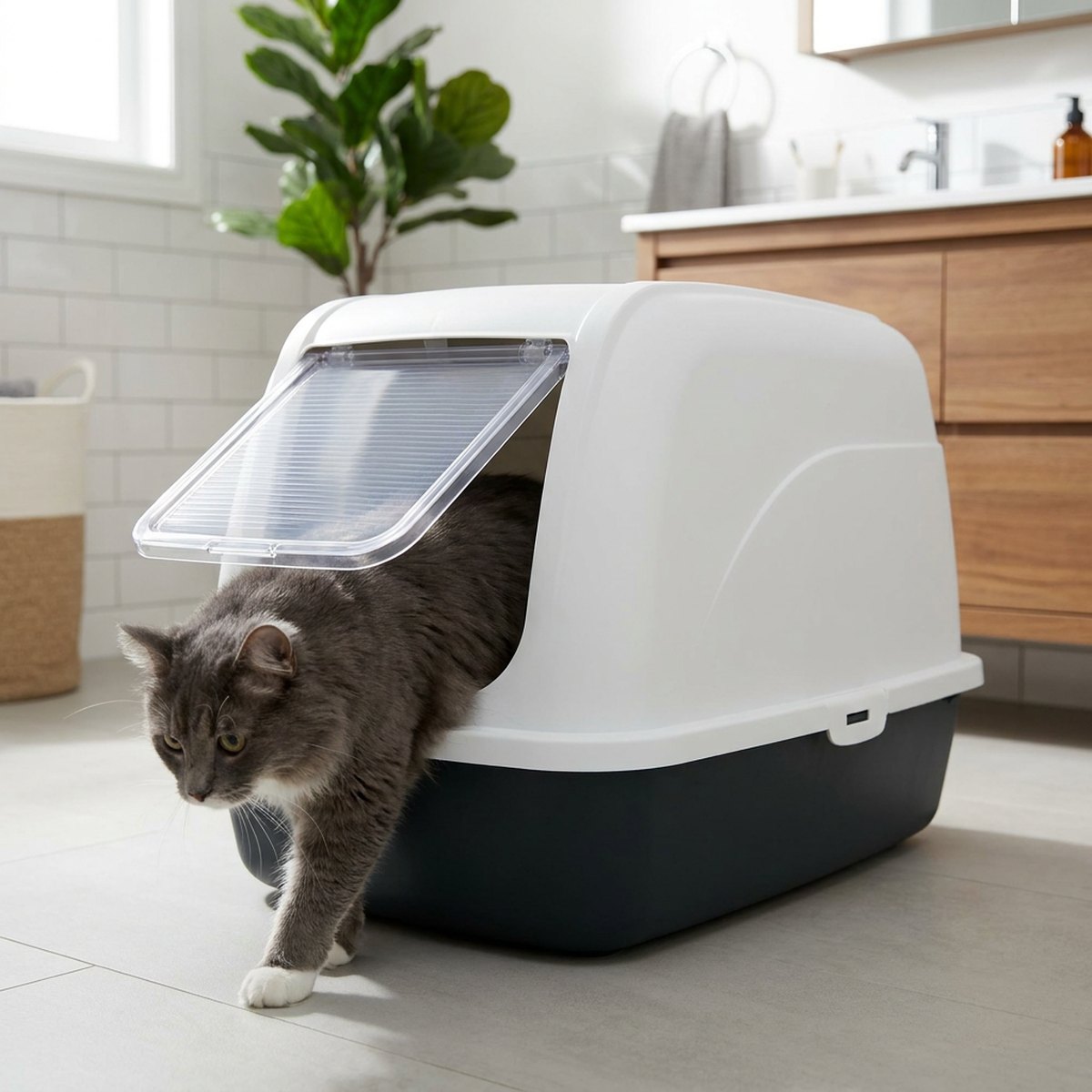Rektangulär huv-kattlåda Catit SmartSift med vitt överstycke och mörkgrå undersida i ett skandinaviskt badrum med en fluffig katt som kliver ut