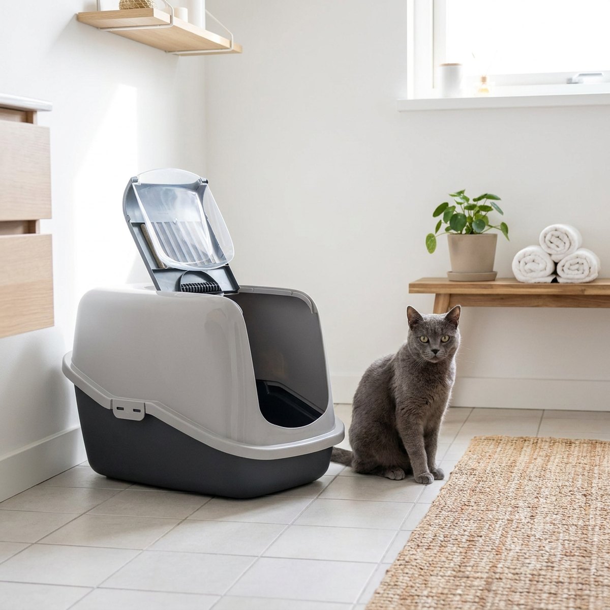Tvåfärgad grå huv-kattlåda PeeWee EcoHûs med ljusgrå huv och antracitgrå nederdel i ett ljust skandinaviskt badrum med en grå katt bredvid