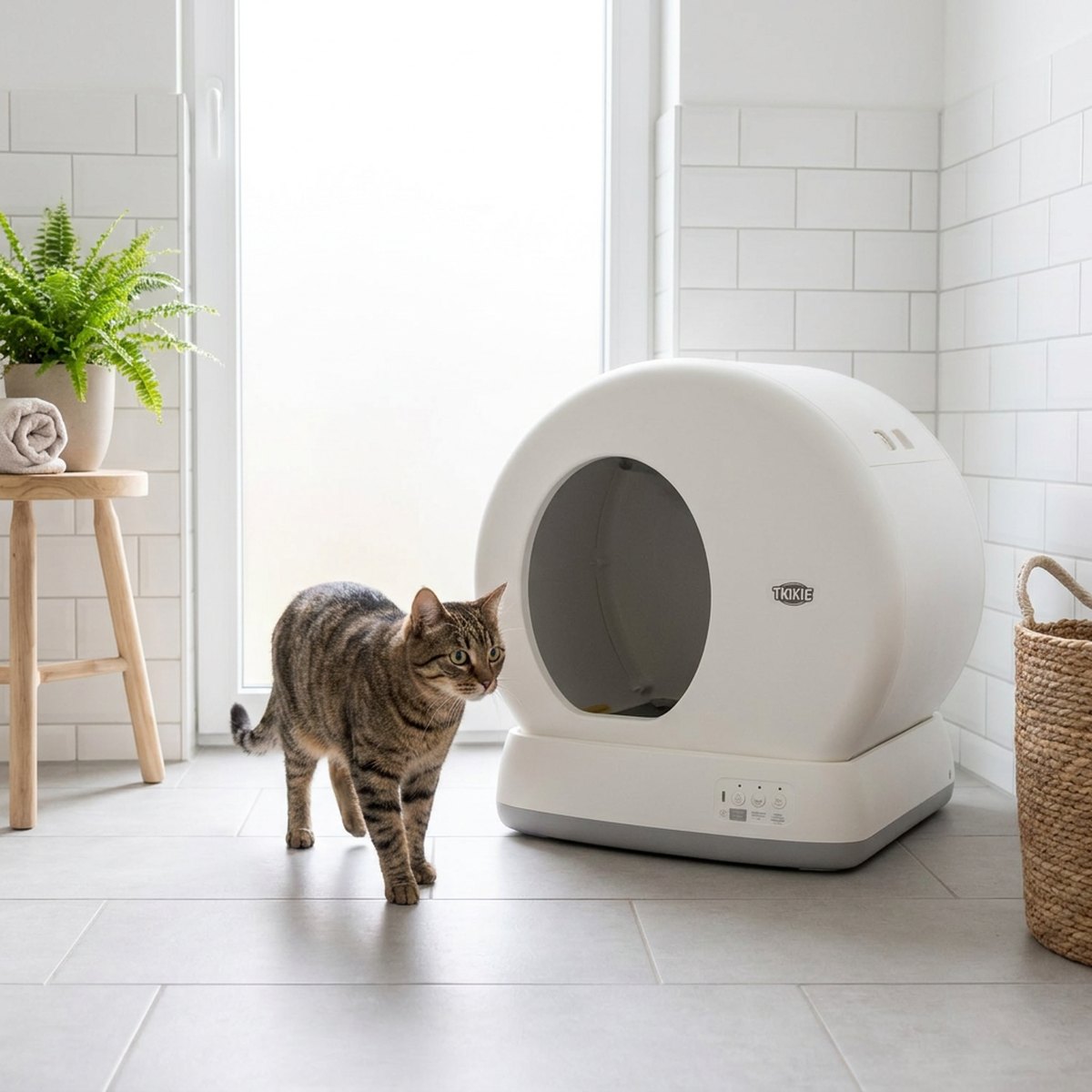 Vit cylinder-formad automatisk kattlåda Trixie Självrengörande med rund frontöppning och kontrollknappar i ett skandinaviskt badrum med en tabbystrimmig katt