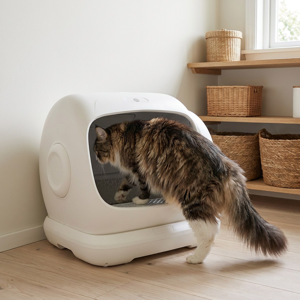 Stor långhårig maine coon kliver in i en vit XL-automatlåda