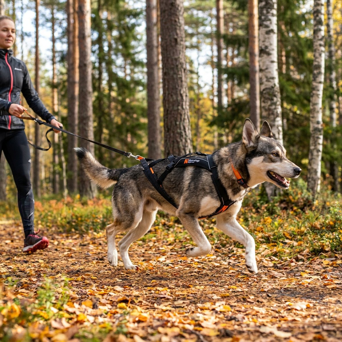 Hund med svart Y-formad antidragsele med orangea detaljer som springer längs en skogsled på hösten