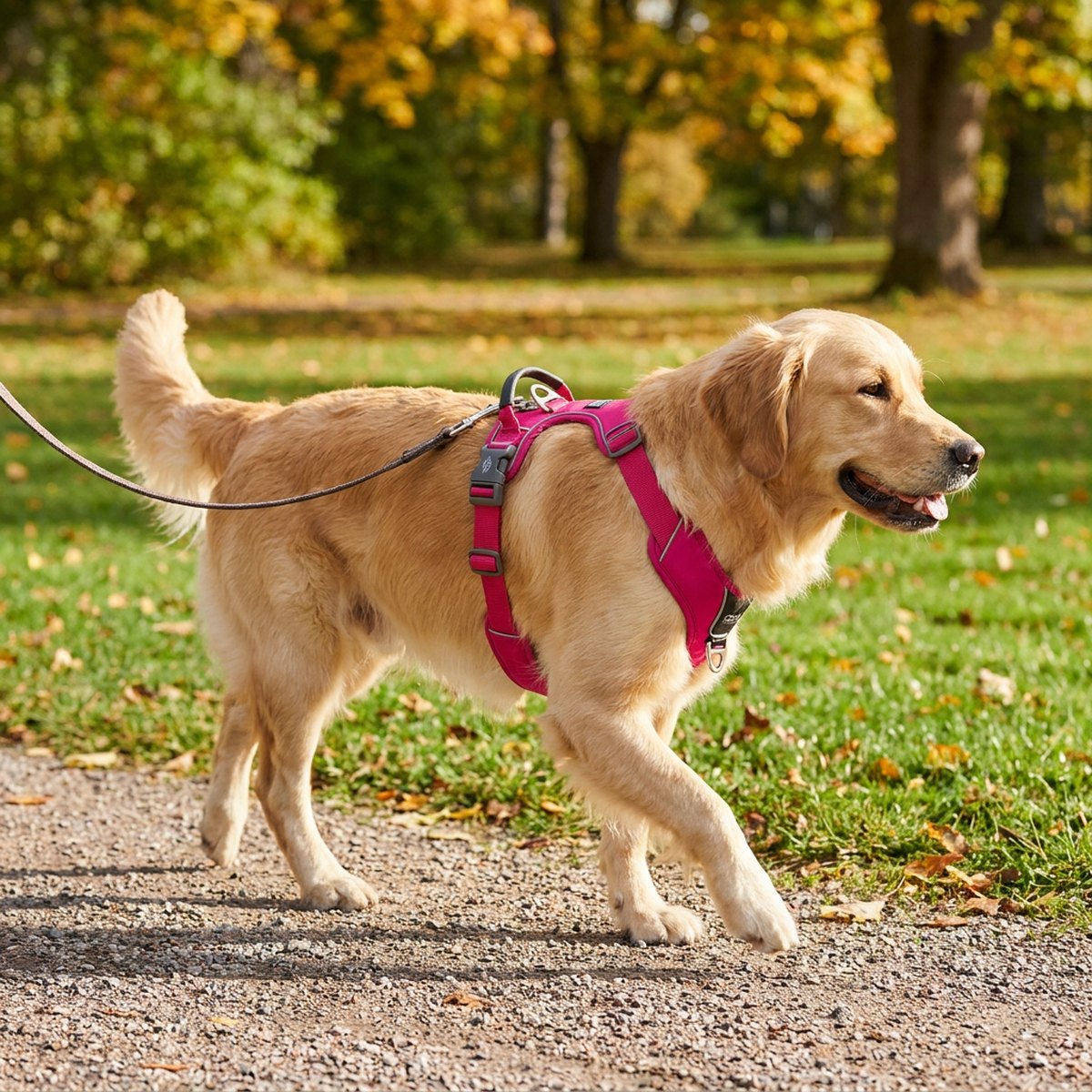 Golden retriever med knallrosa premiumsele och grå vadderade bröstkuddar på promenad i Skandinavisk park