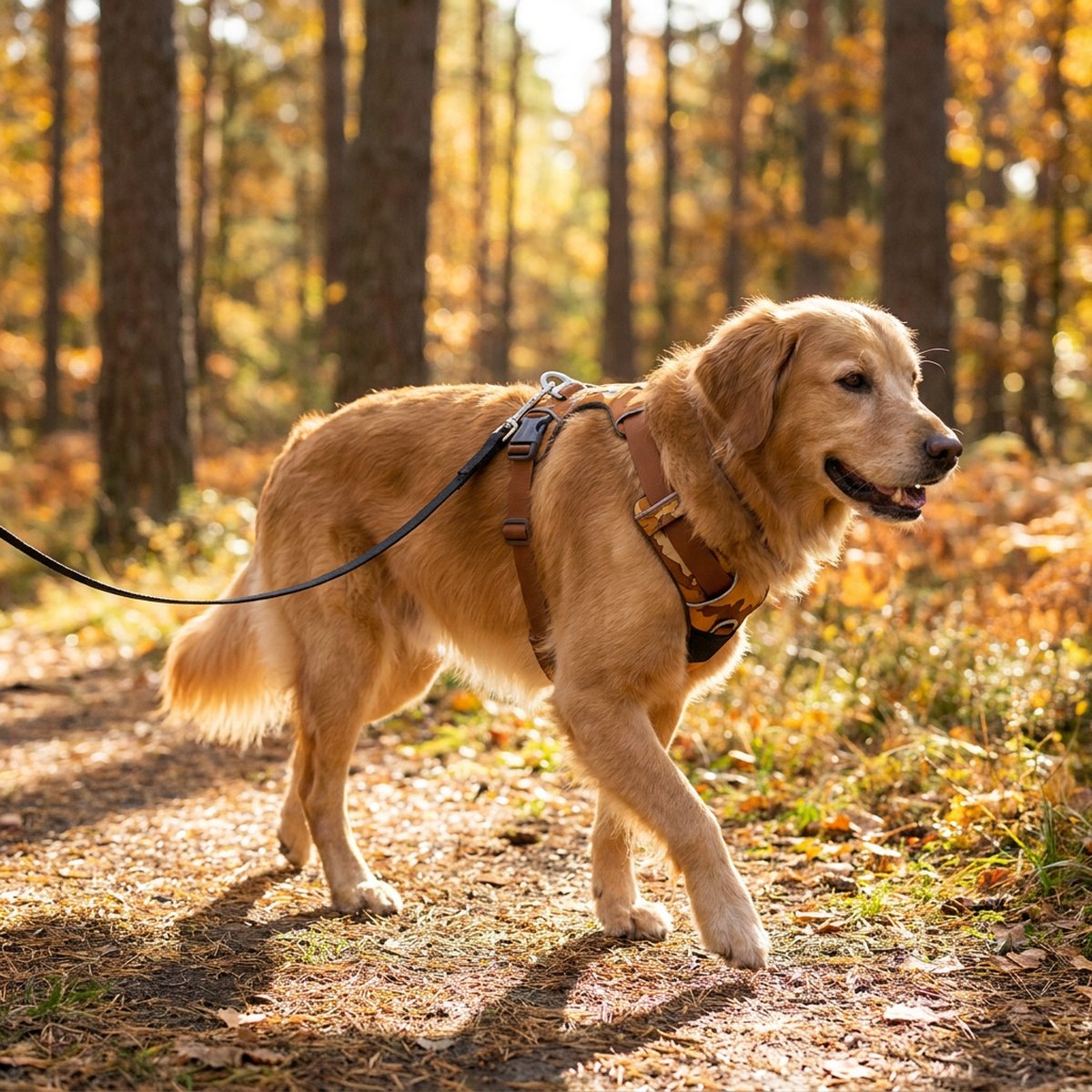 Golden retriever med varm brun antidragsele med frontfäste och ryggfäste på höstfärgad skogsstig