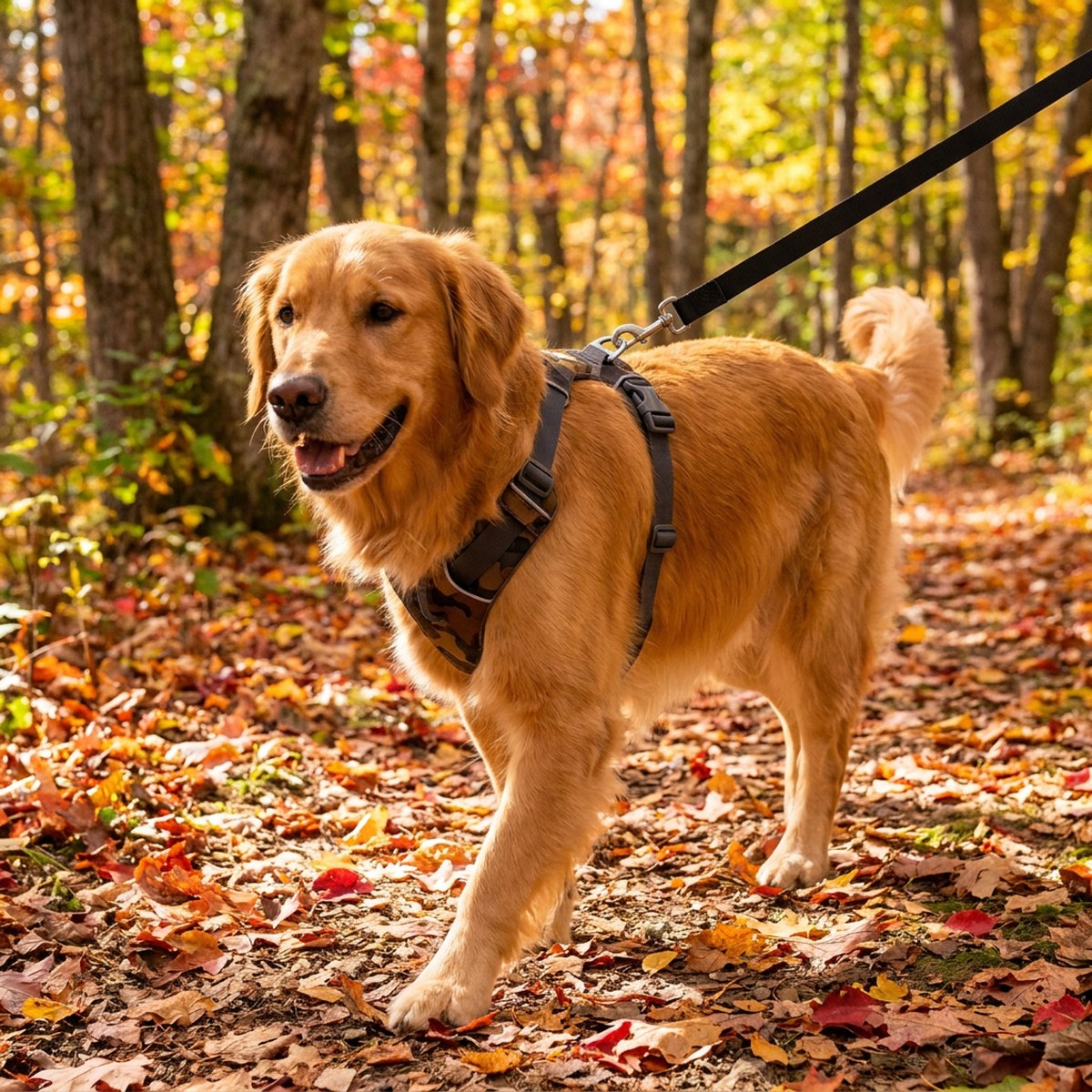Golden retriever i grå Ruffwear Front Range-sele med kamouflagemönster på en höstig skogsstig