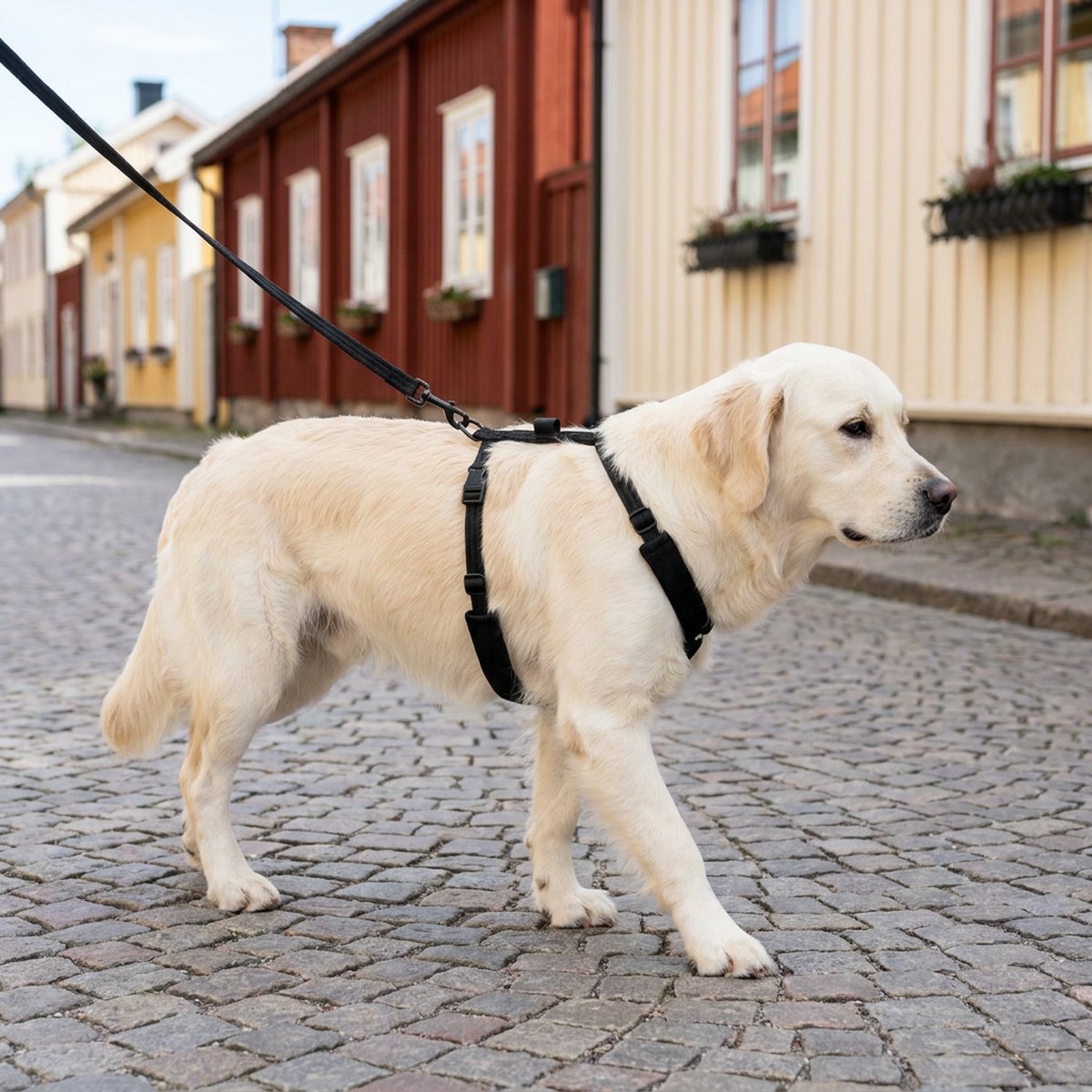 Ljusbrun labrador med enkel svart antidragsele på kullerstensgata med röda och gula svenska trähus