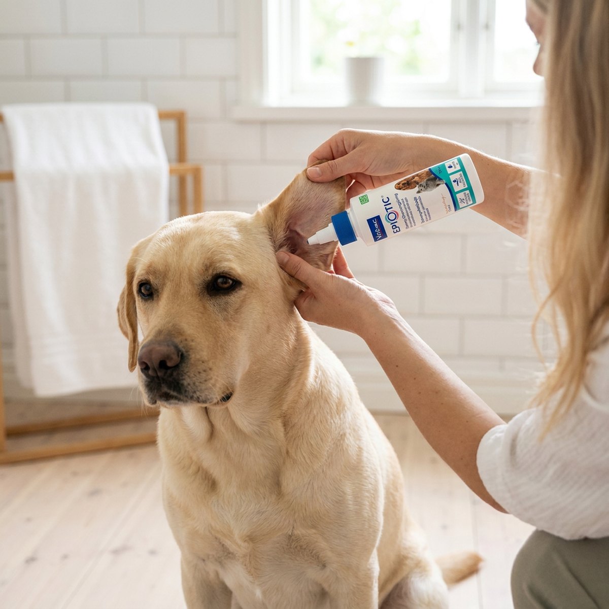 Labrador sitter i ett ljust badrum medan en person applicerar Virbac EpiOtic öronrengöring i hundens öra med en pipettflaska