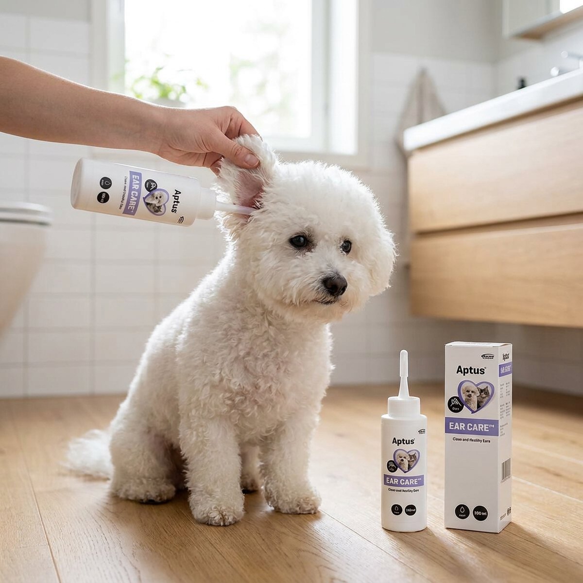 Vit Bichon Frise sitter i ett ljust badrum medan en person applicerar Aptus Ear Care med pipettflaska, förpackningen syns i förgrunden