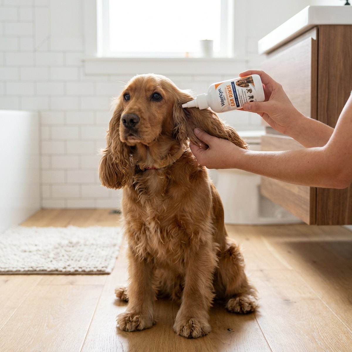Cocker Spaniel sitter i ett skandinaviskt badrum medan en person droppar Vetericyn+ Ear Rinse i hundens öra