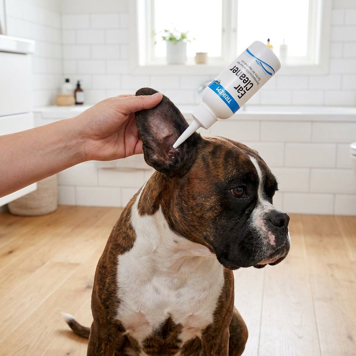 Boxer sitter i ett skandinaviskt badrum medan en person droppar Trikem Ear Cleaner i hundens öra med en vit droppflaska med blå etikett