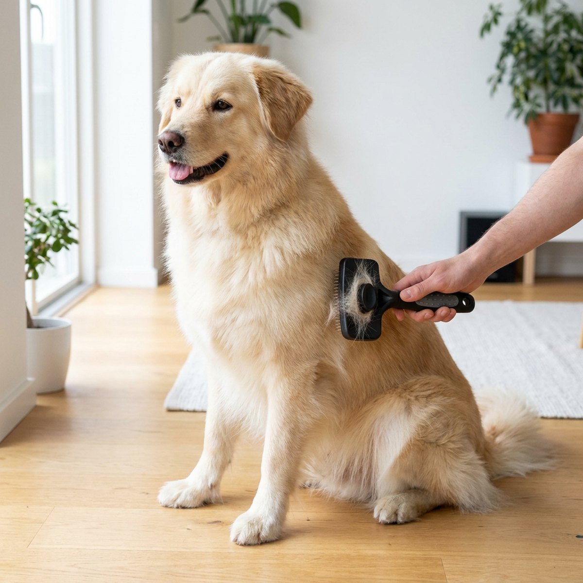 Person borstar en fluffig hund med Ozami Självrengörande nålborste i ett ljust skandinaviskt hem